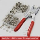 EASY PRESS BUTTON HAND PLIERS WITH 100 BUCKLES +10 COMPARTMENT BOX