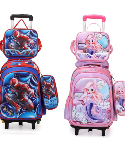 NEW 3D LEATHER FABRIC HIGH QUALITY BACK TO SCHOOL BAG WITH TROLLEY (PRI-SEC)