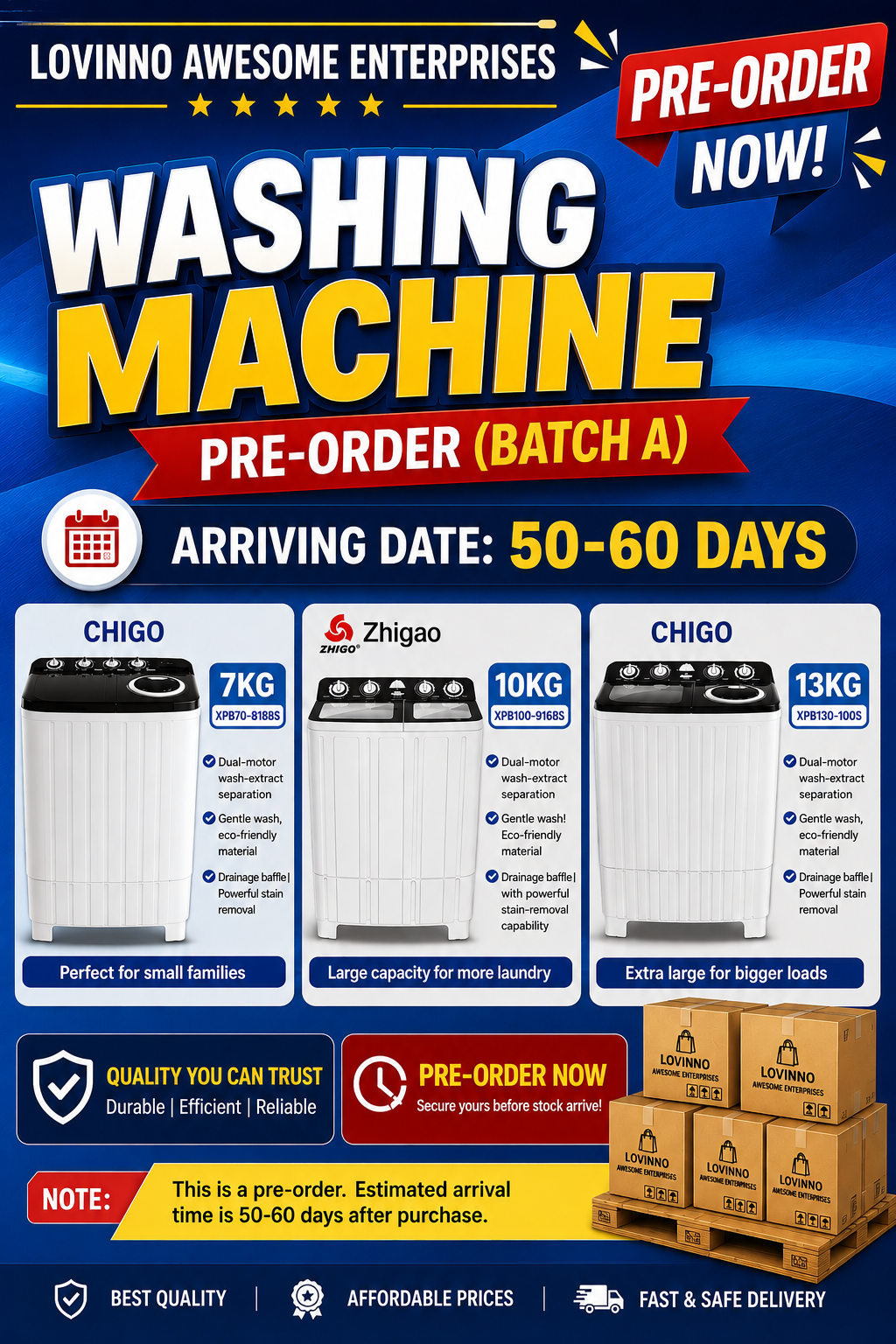CHIGO" MANUAL WASH & SPIN LONG LASTING WASHING MACHINE ( PRE-ORDER) ARRIVAL DATE 50-60 DAYS